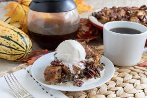 Charleston Coffee Roasters Coffee Pecan Pie Bread Pudding - Slice on a Plate with Vanilla Ice Cream